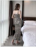 Women Maxi Dress Autumn Sexy Backless Slit Zebra Stripe Sling Dress