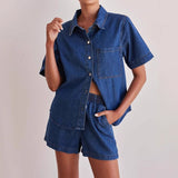 Women's european and american style summer cross-border trade washed vintage solid color short sleeve shirt and shorts denim set