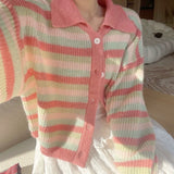 Women Knitwear Autumn and Winter Striped Lapel Sweater Loose Knitted Cardigan