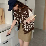 Women Knitted Cardigan Retro Crew Neck Knitted Vest