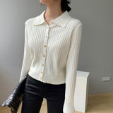 Women Knitwear Autumn Polo Collar Sweater Vintage Slim-Fit Knitted Cardigan