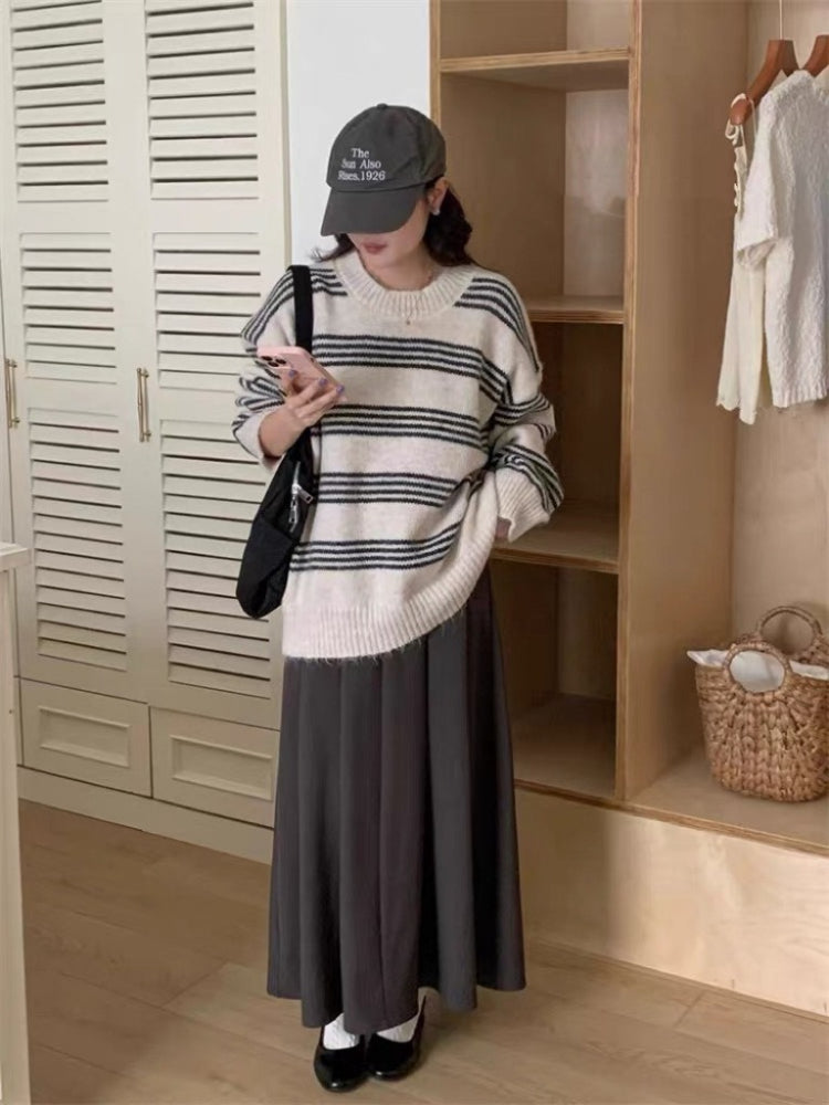 Women Knitted Pullover Vintage Stripe Sweater Loose Autumn and Winter round Neck Knitted Top