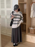 Women Knitted Pullover Vintage Stripe Sweater Loose Autumn and Winter round Neck Knitted Top