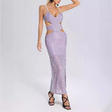 Women Evening Dress Hollow Backless Sexy Suspenders Grid Sequins Split Dress