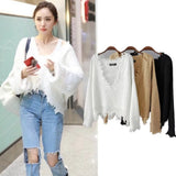 Women Sweater Knitwear V-neck off-Shoulder Loose Pullover Women's Loose Sweater