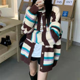 Women Knitted Cardigan Autumn and Winter Loose Striped Retro Rainbow Knitted Cardigan