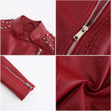 Red Leather Jacket Beaded Leather Women's Long Sleeve Lapel Motorcycle Clothing