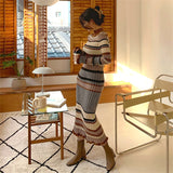 Women Maxi Dress Autumn Winter Retro Striped Knitted Dress