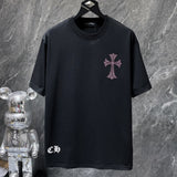 Ch hip-hop t shirts ch short-sleeved heavy industry hot diamond horseshoe sanskrit letter cross trendy brand loose casual american style