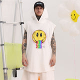 Men Vest Smiley Sleeveless T-shirt Men's and Women's Oversize Hip Hop Sports Hooded Vest