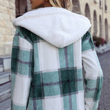 Women Trench Coat Fall Winter Hooded Long Sleeve Plaid Mid-Length Loose Gold Mink Velvet Coat