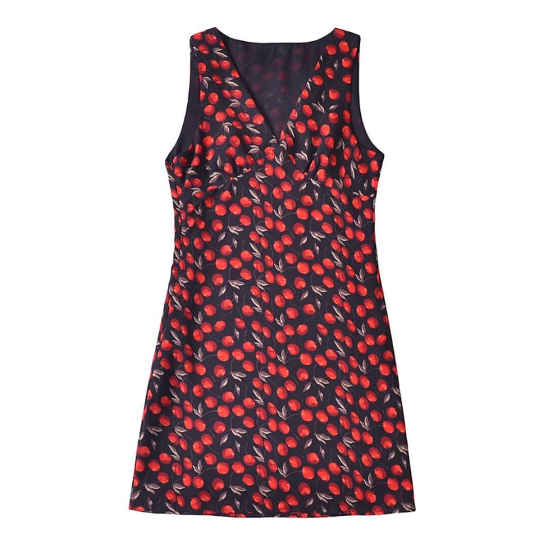 Women Dresses Summer Vintage Cherry Print V-neck Sleeveless Vest Dress (Xds0414)