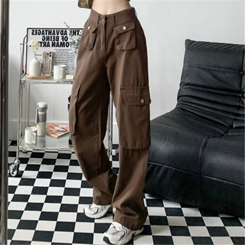 Women Sweatpants Retro Overalls Spring and Autumn Multi-Pocket Casual Loose Wide-Leg Pants
