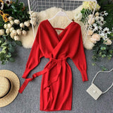 Women Maxi Dress Autumn Winter Sexy Long Sleeve V-neck Knitted Sheath Dress
