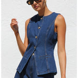 Women's pants: spring/summer amazon independent store fashion sleeveless cinched waist high-waisted loose denim shorts set (us/eu style)