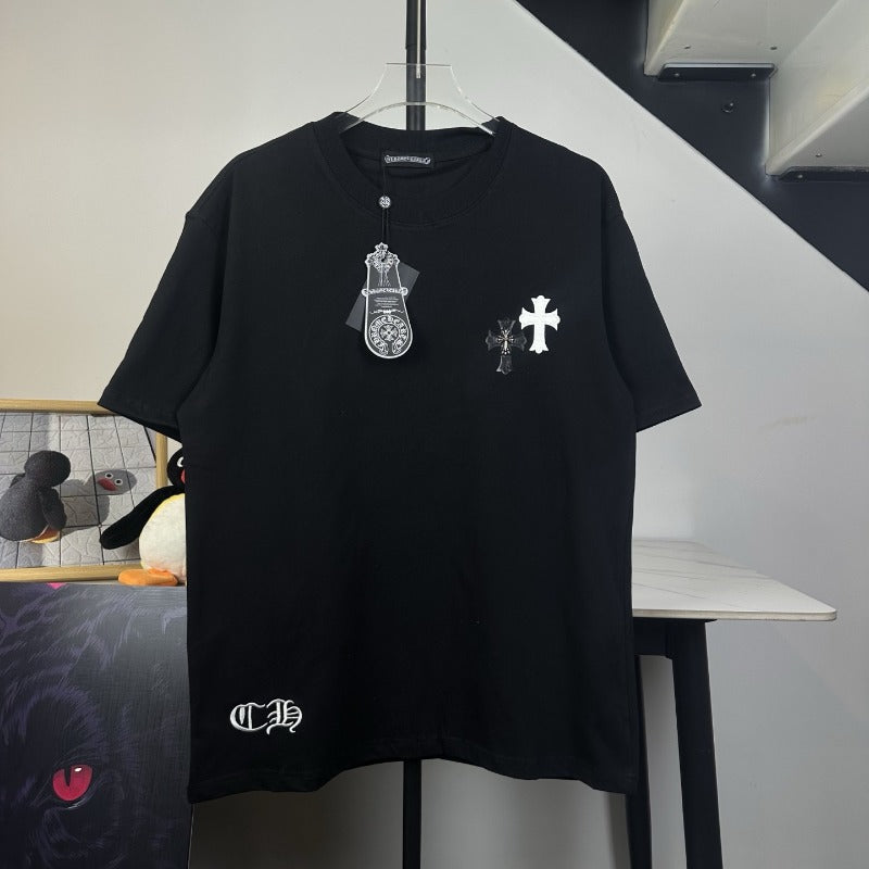 Ch hip-hop t shirts ch croo short-sleeved horseshoe sanskrit cross logo leather embroiderloose round neck