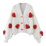 Women Sweater Knitwear Autumn V-neck Lantern Sleeve Pink Strawberry Knitted Cardigan Women's Sweater