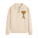 Ami araunriflove polo collar lapel wool sweater long sleeves couple fall and winterembroiderknitting shirt