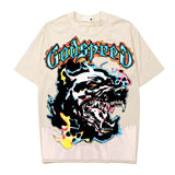 Hip-hop t-shirts - american high street wolf head print tee - vintage washed, distressed, relaxed fit short sleeve summer top