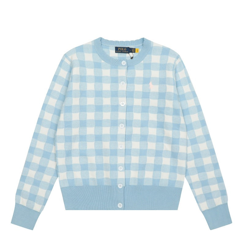 Rl ralph pony fall and winter chess white grids woolen sweater knitting round neck cardigan women's classysweet socialite casualoutwear
