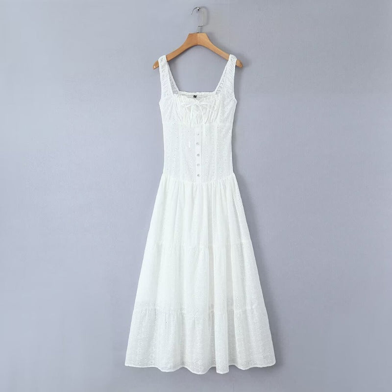 Women Dresses Summer Embroidered Square Collar Slimming Sling Dress (Xds0414)