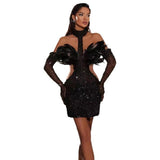 Women Dresses Sexy Dress Sequined Ultra-Short Hip Skirt with Gloves Dress Skirt (Ont0408)