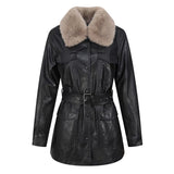 Women Leather Jacket Autumn and Winter Fur Collar Waistband Mid-Length Thick Fur Coat