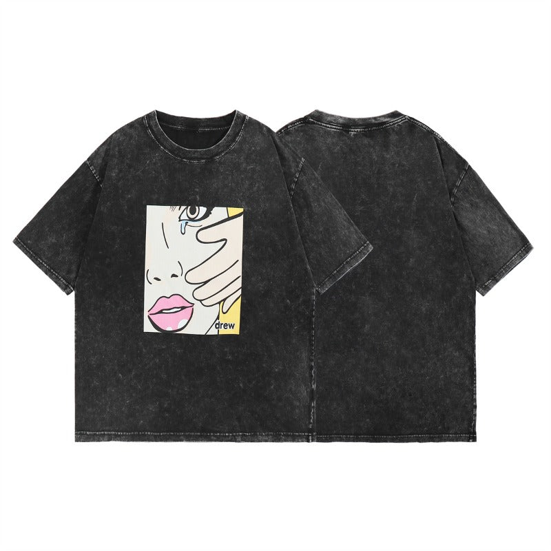Drew house tshirt r d@ew girl crying face graphic, washed and distressed short sleeve tee wholesale