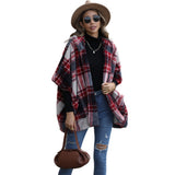 Women Trench Coat Casual Plush Women's Hooded Half Sleeve Loose Scottish Style Plaid Buckle-Free Coat