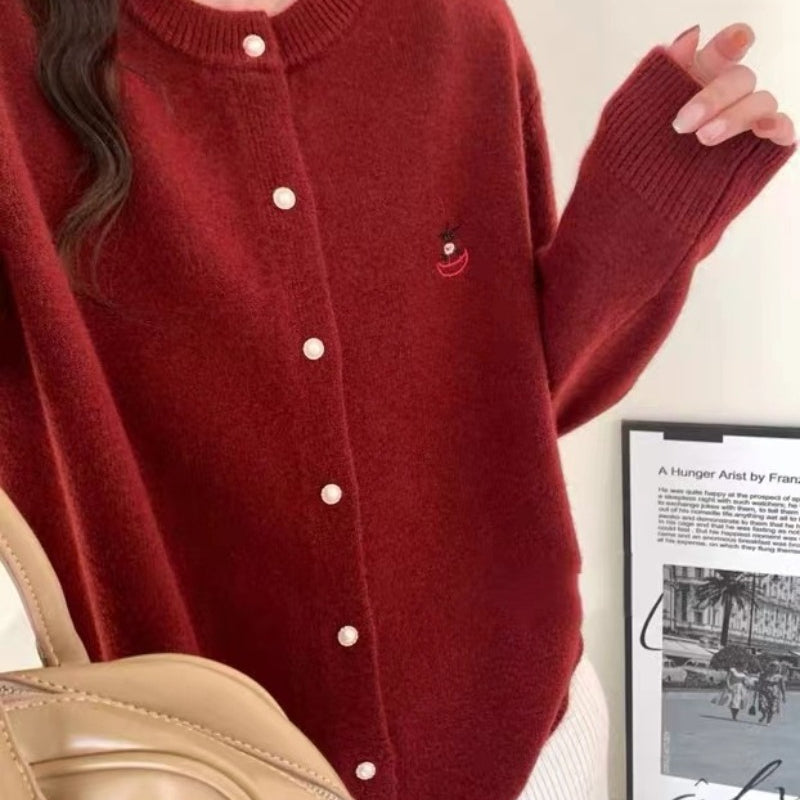 Women Knitted Cardigan Smiling Face Embroidery Crew Neck Sweater Cardigan Knitted Coat