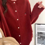 Women Knitted Cardigan Smiling Face Embroidery Crew Neck Sweater Cardigan Knitted Coat