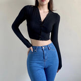 Women Sweater Knitwear Backless T-shirt Women's Summer V-neck Double-Breasted Short Midriff Outfit Bottoming Shirt