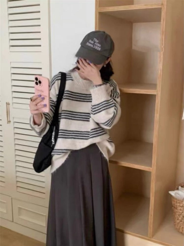 Women Knitted Pullover Vintage Stripe Sweater Loose Autumn and Winter round Neck Knitted Top