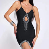 Women Evening Dress Sexy Sling Tassel V-neck Hollow Party Bandage Dress