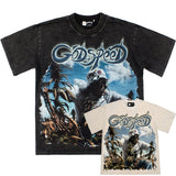 Hip-hop t-shirts: american high street blue sky & white cloud skull print short sleeve tee - relaxed fit, trendy tee