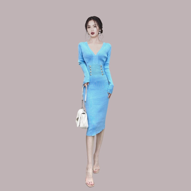 Women Maxi Dress Spring and Autumn V-neck Double Breasted Knitted Dress Hip Skirt