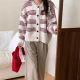 Women Knitted Cardigan Striped Knitted Cardigan Coat Autumn and Winter Loose round Neck Sweater