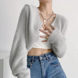 Women Sweater Knitwear Sexy Short Navel Knitted Top High Waist Loose Plush Cardigan Coat