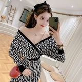 Women Maxi Dress Spring and Autumn Sexy Long Sleeve V-neck Knitted Sheath Dress