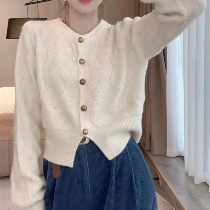 Women Knitted Cardigan Autumn and Winter Knitting Cardigan Top Loose round Neck Sweater Coat