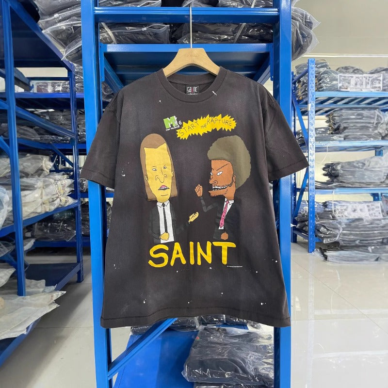 saint m t shirts s.m cartoon suit portrait pattern crew neck pullover short sleeve one-piece