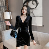 Women Maxi Dress Autumn Winter Sexy V-neck Pleuche Long Sleeve Narrow Dress
