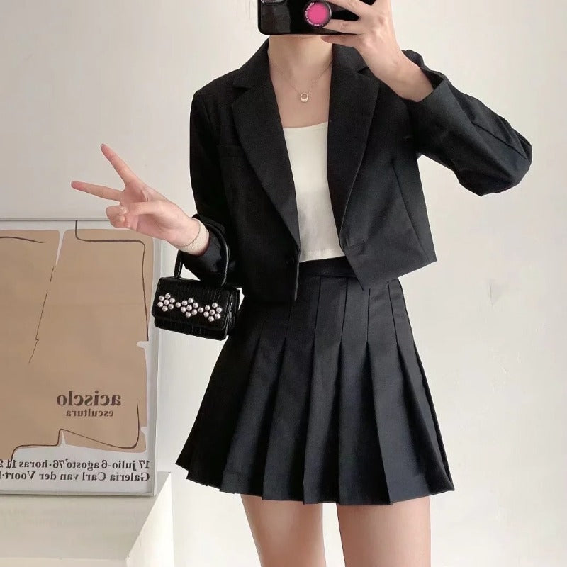 Women Suits Blazer Autumn Black Ultra Short One Button Leisure Suit