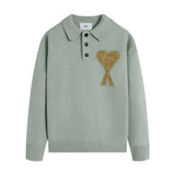 Ami araunriflove polo collar lapel wool sweater long sleeves couple fall and winterembroiderknitting shirt