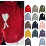Ami high neck heart jacquard pullover sweater wool couple knitwear autumn winter long sleeve loose fit