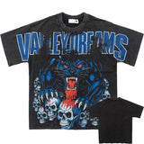 Hip-hop t shirts american street washed and distressed vintage black panther skull short-sleeved looseretro t-shirt