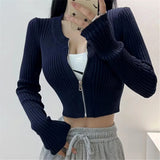 Women Sweater Knitwear Autumn and Winter round Neck Vertical Stripes Knitted Short Top Zipper Sweater