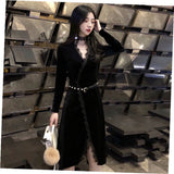 Women Maxi Dress Autumn and Winter V-neck Lace Dress Long Sleeve Pleuche