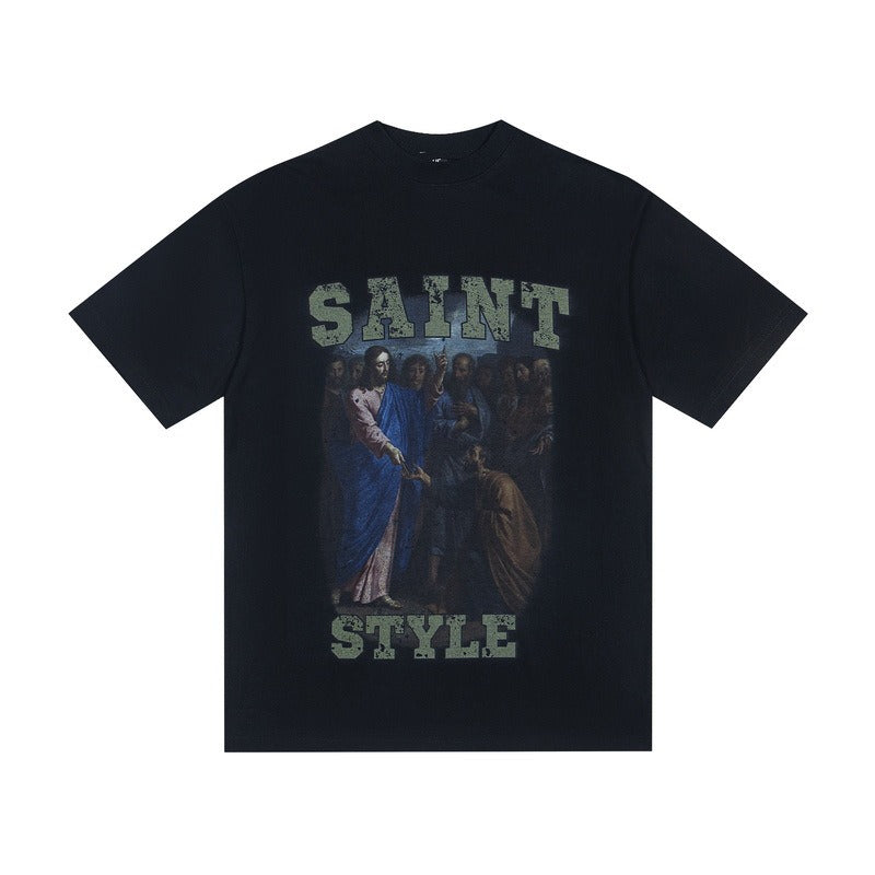 saint m t shirts s.m oil painting character graphic crew neck short sleeve top