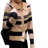 Women Knitwear Fall and Winter Lapels Striped Sweater Loose Knitted Cardigan